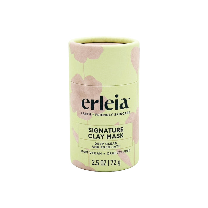 A cylindrical container of Erleia Signature Clay Mask with a light green and beige floral design. The label reads Deep Clean and Exfoliate, 100% Vegan + Cruelty Free, 2.5 oz / 72 g.