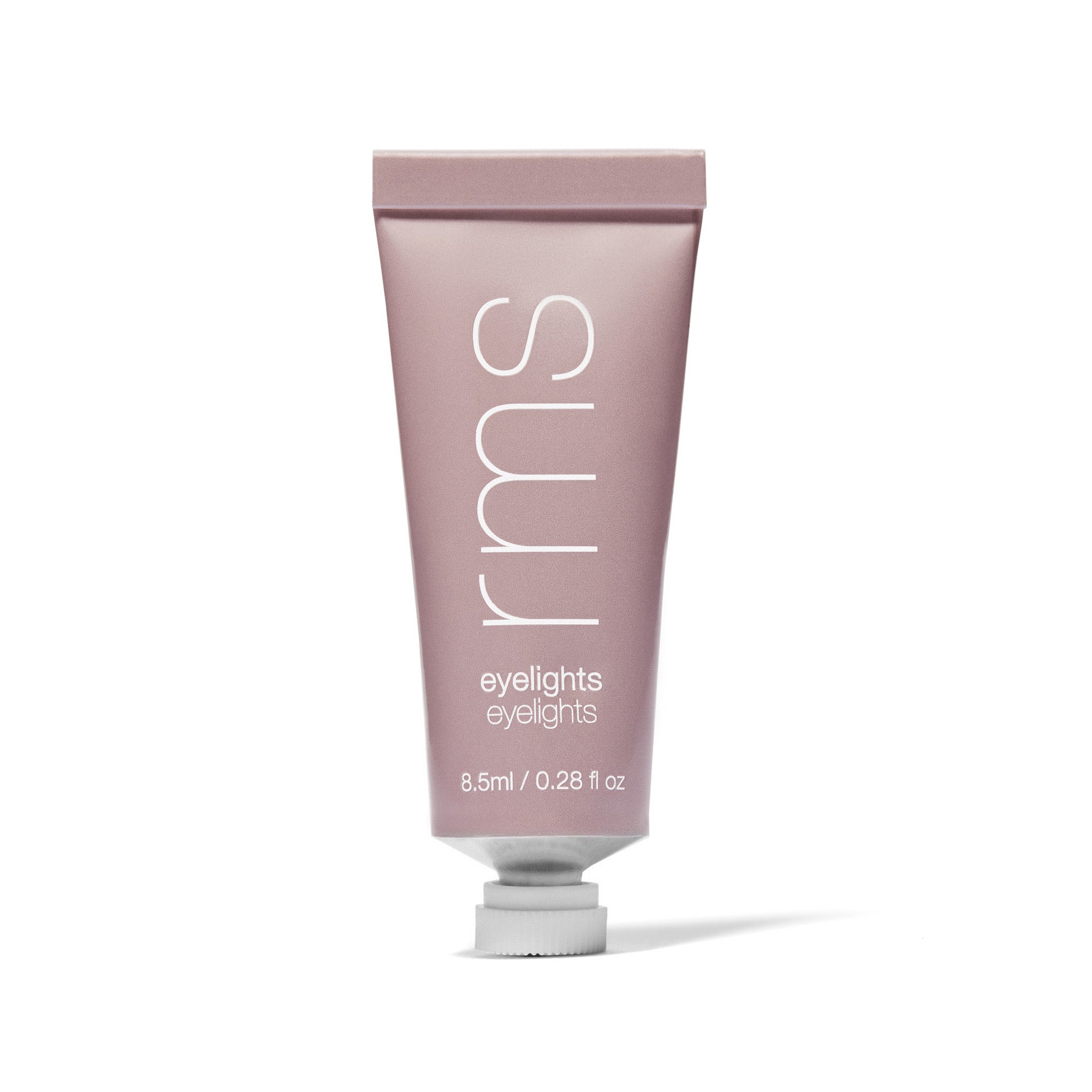 A metallic pink tube with a white cap, labeled RMS Eyelights Cream Eyeshadow, holds 8.5 ml (0.28 fl oz) of cream eyeshadow. It features sleek, modern typography and showcases dazzling metallic shades in a minimalist design.