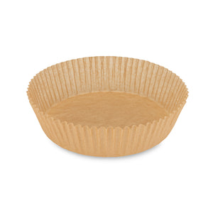 A single brown FSC Certified Air Fryer Liner from Full Circle, made of ribbed paper on a plain white background. Open and circular, its perfect for baking batter and roasting veggies in an air fryer. 50ct pack available.