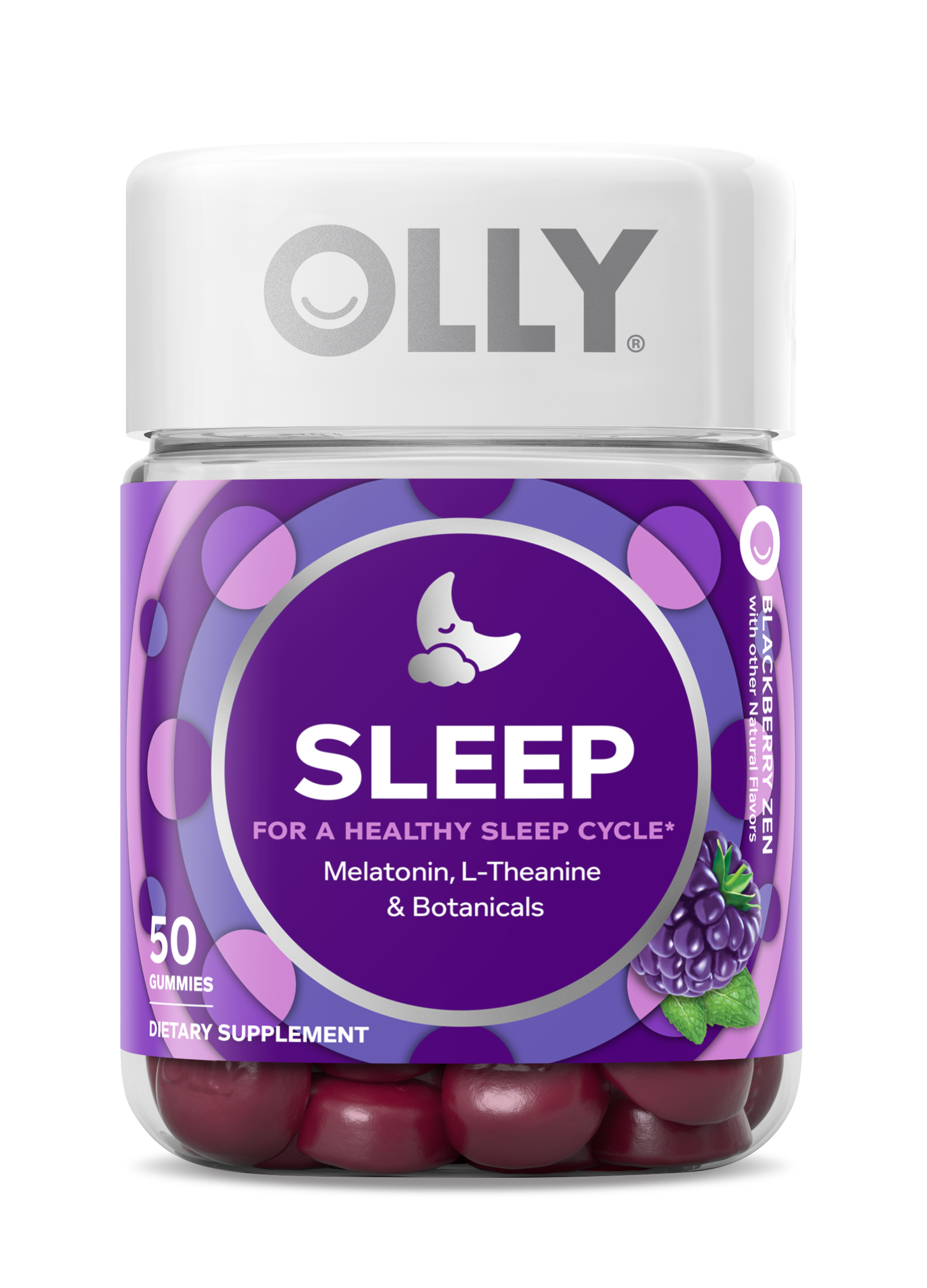 OLLY Sleep gummies, featuring melatonin and L-Theanine for restful nights, come in a jar with 50 blackberry zen-flavored pieces. The purple label with a moon illustration highlights their soothing botanical blend.