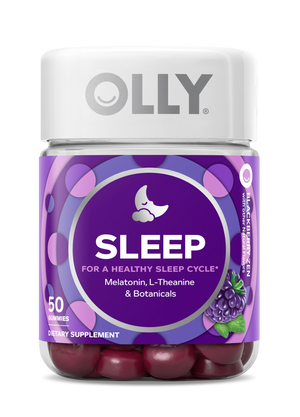 OLLY Sleep gummies, featuring melatonin and L-Theanine for restful nights, come in a jar with 50 blackberry zen-flavored pieces. The purple label with a moon illustration highlights their soothing botanical blend.