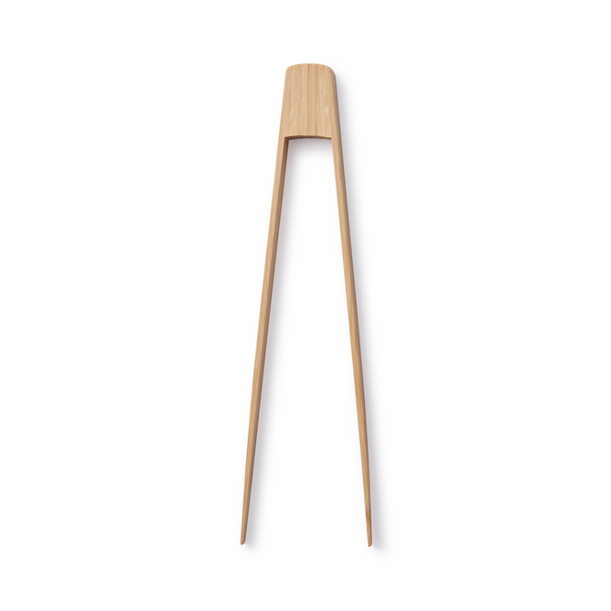 A pair of wooden tongs with a simple, minimal design. The tongs have straight, tapered arms connected by a curved top, all made from light-colored wood.