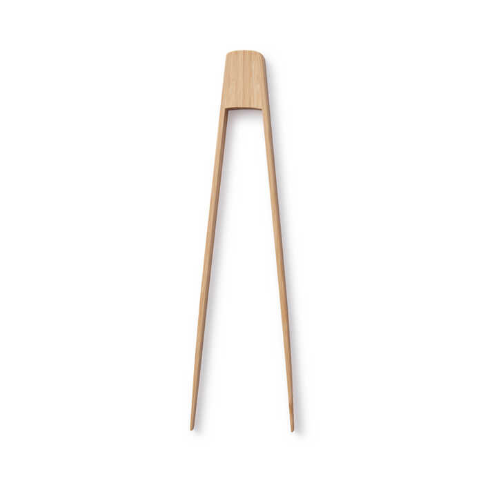 A pair of wooden tongs with a simple, minimal design. The tongs have straight, tapered arms connected by a curved top, all made from light-colored wood.