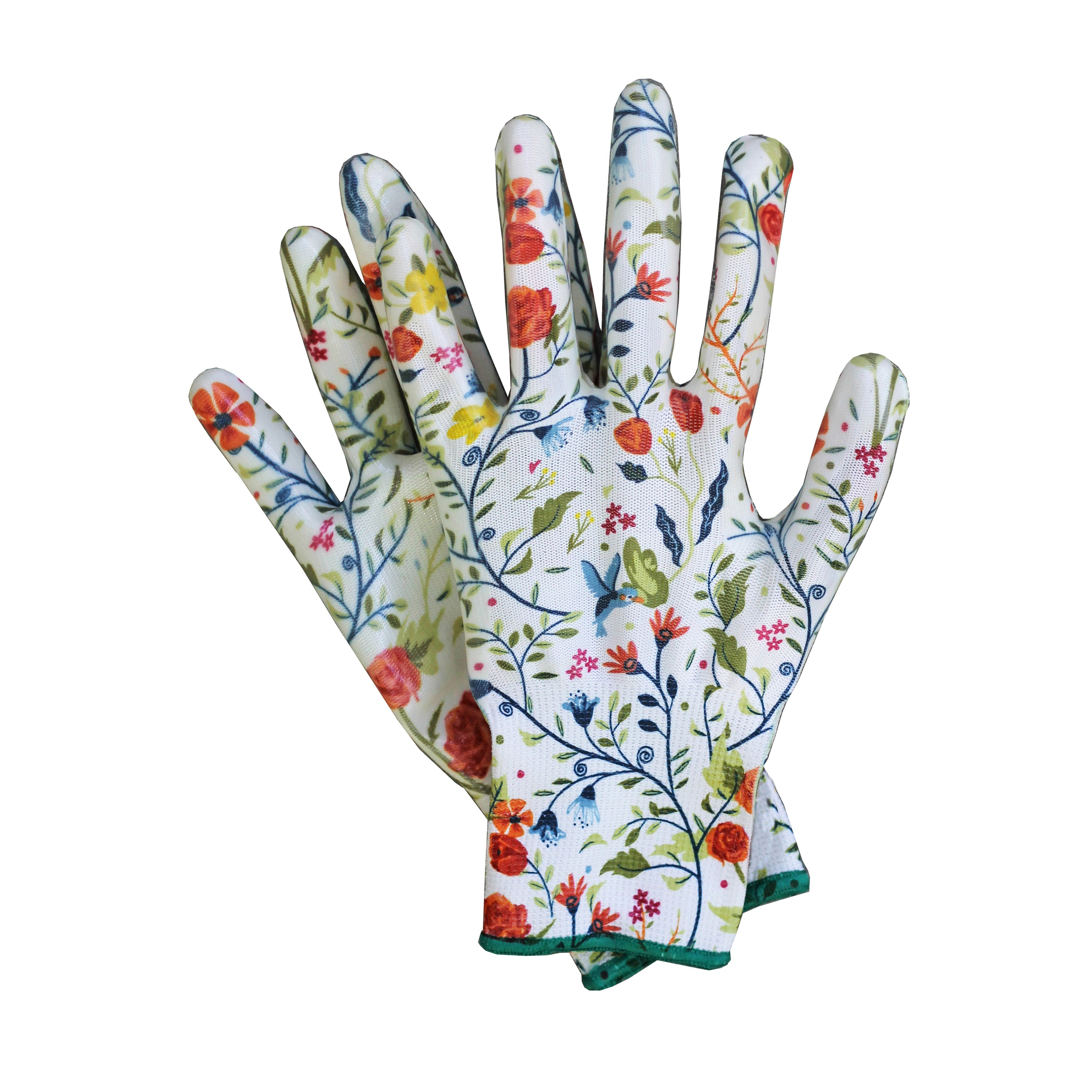 Womansworks Nitrile Weeder Gloves showcase a Garden of Paradise print with colorful flowers and green leaves on a white background. Crafted by a woman-owned business, these stylish, waterproof gloves are perfect for all your gardening needs.
