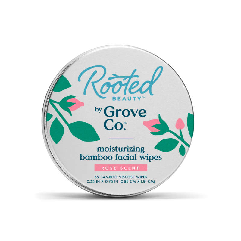 The Moisturizing Bamboo Facial Wipes by Rooted Beauty come in a floral tin labeled Rooted Beauty by Grove Co. and contain 35 sustainable bamboo viscose wipes, each infused with essential oils and featuring a rose scent. Each wipe measures 0.33 x 0.75 inches (0.85 x 1.91 cm).