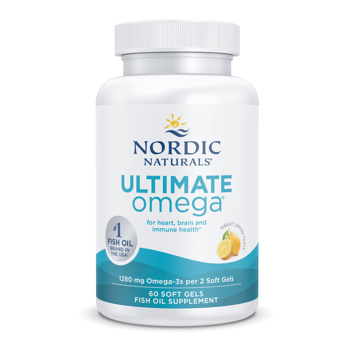 A white bottle of Nordic Naturals Ultimate Omega fish oil supplement with 60 soft gels. The label mentions heart, brain, and immune health, 1280 mg Omega-3s, and features a lemon slice image.