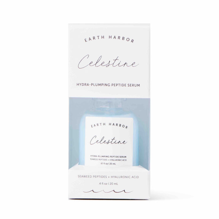 A box of Earth Harbor Celestine Hydra-Plumping Peptide Serum is shown, featuring a clear bottle with a white label and light blue liquid inside. The packaging highlights seaweed peptides and hyaluronic acid.