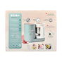 Beaba Babycook Neo packaging featuring an image of the appliance in pastel colors, with icons and text highlighting eco-friendly features, quick performance, and healthy food preparation, along with small photos of prepared baby food.