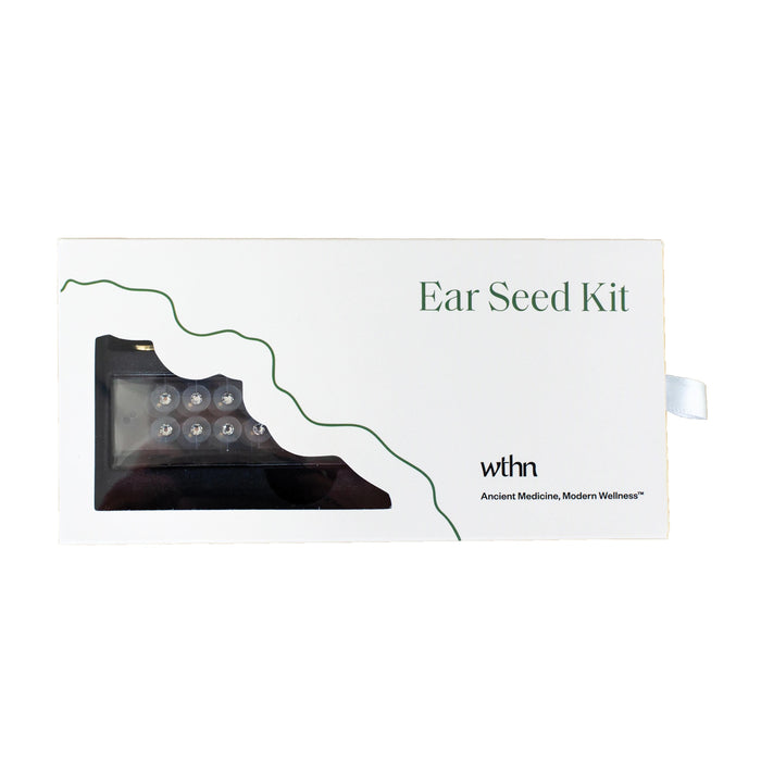 White box labeled Ear Seed Kit with a window showing small round ear seeds inside; features minimal green line design and the brand name wthn on the lower right corner.