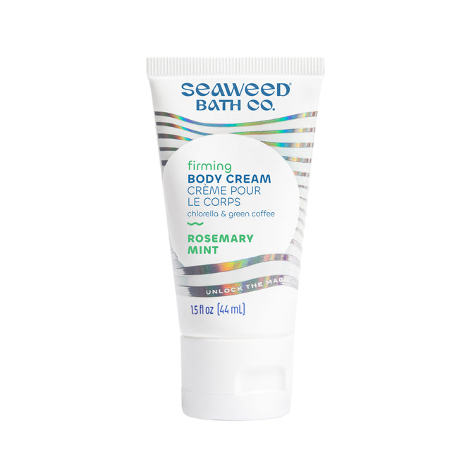 A 1.5 fl oz tube of The Seaweed Bath Co Firming Body Cream - Sample in Rosemary Mint, with seaweed, chlorella, and green coffee; features a striped design and teal/green text on the label.