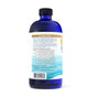 A blue glass bottle with a white label featuring text about sustainable fishing, dosage instructions, and a wave design at the bottom. The bottle has a black cap and is shown on a white background.