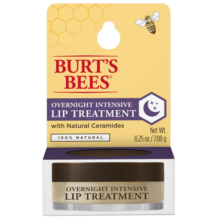 A package of Burts Bees Overnight Intensive Lip Treatment with natural ceramides. The packaging is yellow and purple with a honeycomb design, a bee graphic, and a small round container of lip treatment at the bottom.