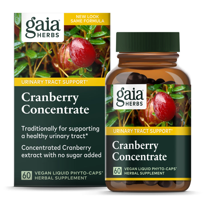 A bottle and box of Gaia Herbs Cranberry Concentrate, featuring cranberry imagery. The label highlights urinary tract support, contains 60 vegan liquid phyto-caps, and notes “no sugar added” and “herbal supplement.”.