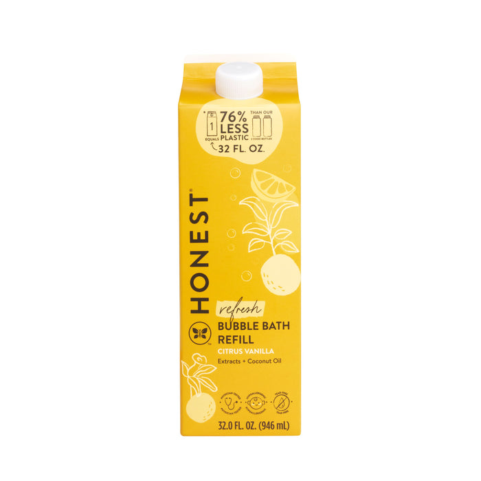 A yellow 32 fl oz Honest bubble bath refill carton labeled Refresh with citrus vanilla scent, featuring illustrations of lemons and leaves. The carton highlights 76% less plastic and contains extracts and coconut oil.