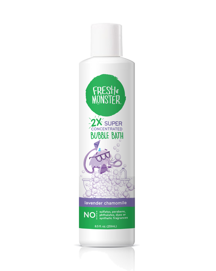 A white bottle of Fresh Monster 2X Super Concentrated Bubble Bath, lavender chamomile scent. The label features a playful purple monster in bubbles and highlights that it contains no sulfates, parabens, dyes, or synthetic fragrances.
