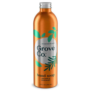 The Grove Co. Hydrating Hand Soap Refill - 13oz comes in metallic orange with green leaf designs and a silver cap. It contains plant-based, moisturizing gel in an Orange & Rosemary scent and invites you to Go Beyond Plastic, making it ideal for your refillable hand soap dispenser.