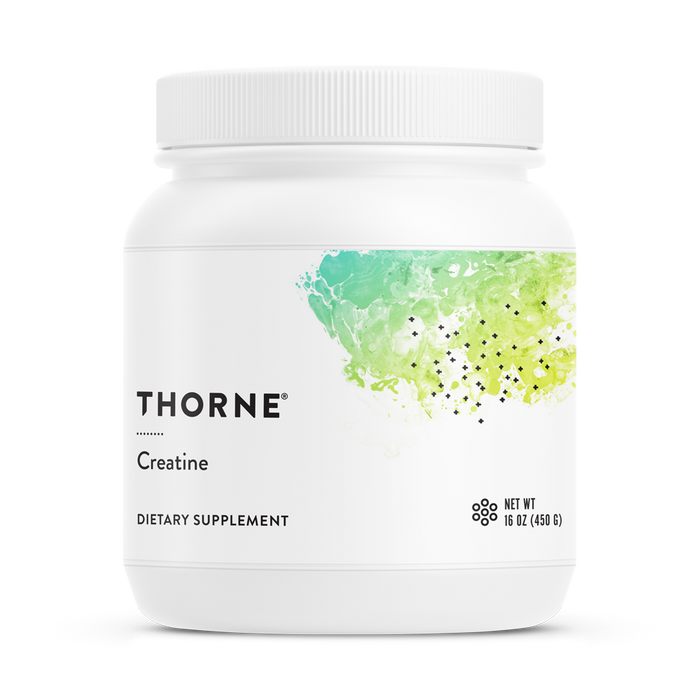 A white container of Thorne Creatine dietary supplement with a green and yellow abstract design on the label, net weight 16 oz (450 g), displayed against a plain white background.