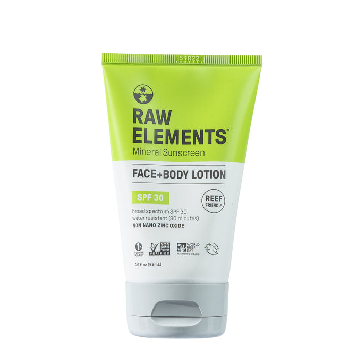 A tube of Raw Elements Mineral Sunscreen Face + Body Lotion SPF 30, 3 fl oz, with a green and white label showing its reef friendly, water resistant, and contains non-nano zinc oxide.