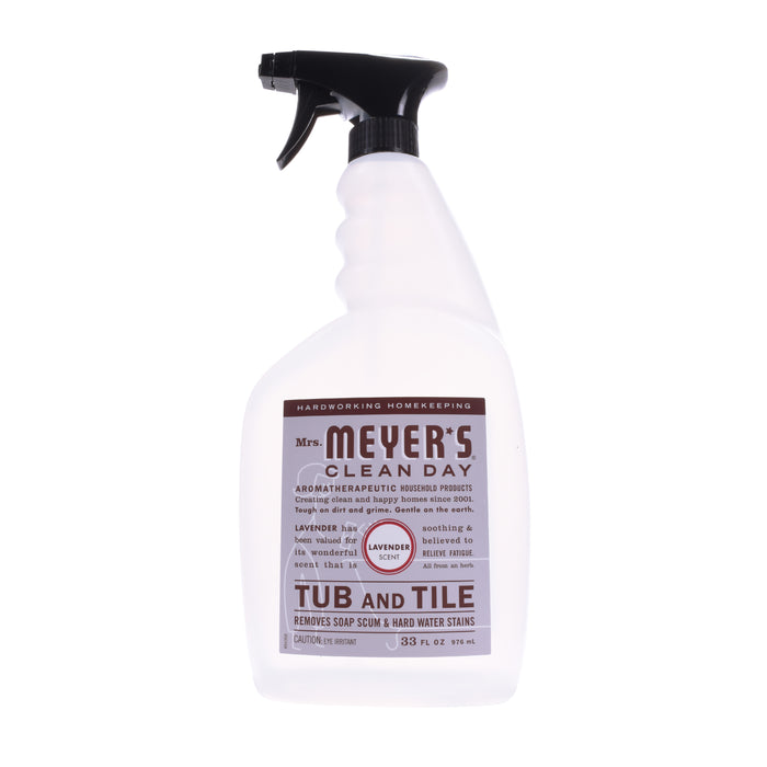 A Mrs. Meyer’s Clean Day Tub and Tile spray bottle with a black trigger nozzle, displaying a purple label indicating the lavender scent and product details, set against a white background.