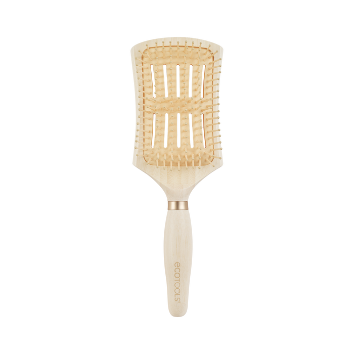A wooden hairbrush with a wide, rectangular, vented paddle and flexible bristles, featuring a light wood handle labeled ecotools on a white background.