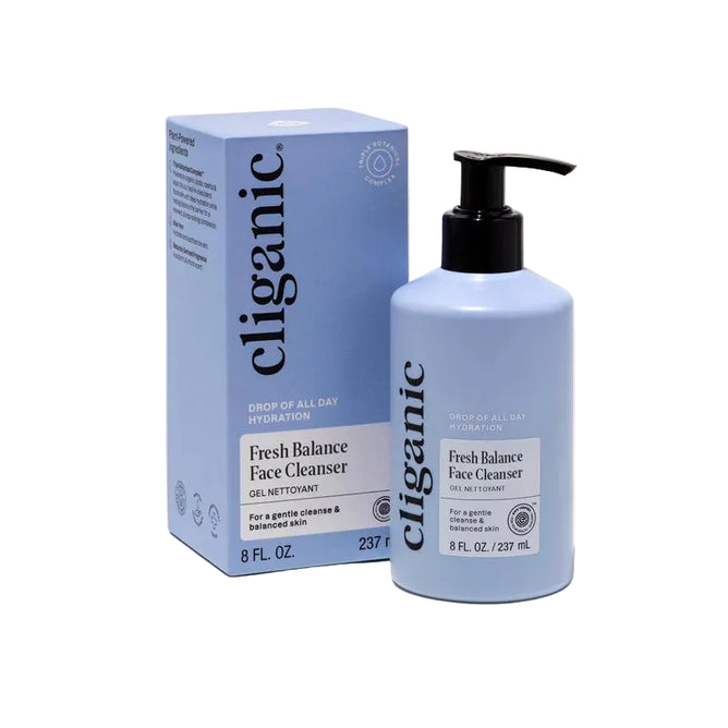 A blue Cliganic Fresh Balance Face Cleanser bottle with a pump is displayed alongside its coordinating blue box. Both feature the Cliganic branding and product information. The bottle holds 8 fl. oz. (237 ml) of the Fresh Balance Face Cleanser—a barrier-balancing gel formula that hydrates and gently cleanses the skin.