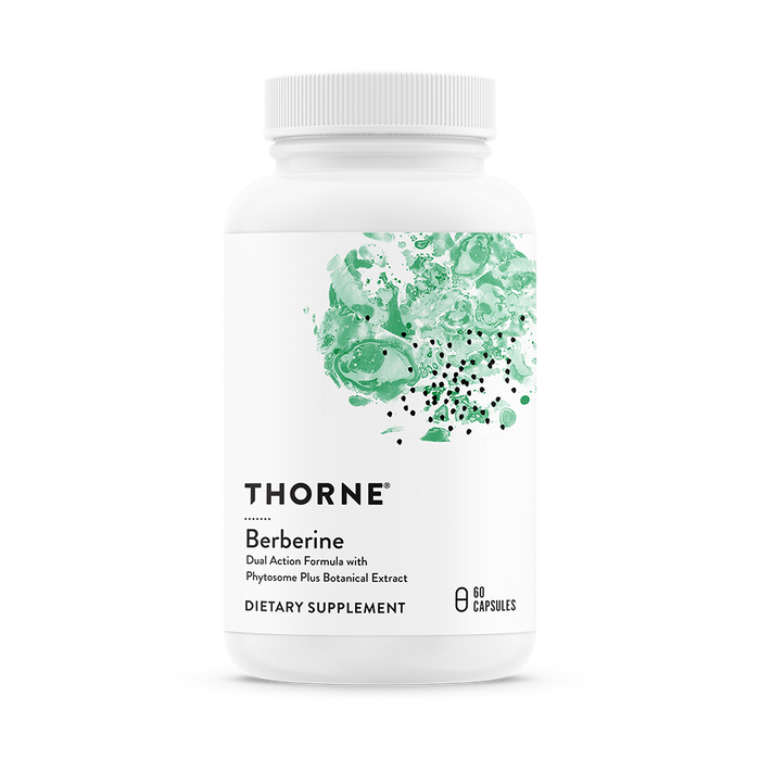 A white bottle labeled Thorne Berberine with green abstract artwork, containing 60 capsules of a dietary supplement. Text notes it is a dual action formula with phytosome plus botanical extract.