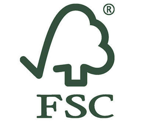 Green FSC logo featuring a checkmark integrated into the outline of a tree, with the letters FSC below and a registered trademark symbol in the top right corner.