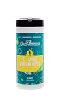 Aunt Fannies Cleaning Vinegar Wipes come in a cylindrical container with a teal label and yellow text. The Fresh Lime Mint scent is featured, along with bubble and germ designs. These natural wipes are effective yet gentle, offering 35 wipes per container.