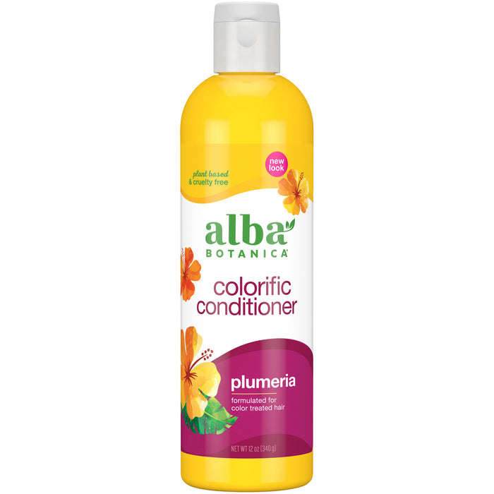 A yellow bottle of Alba Botanica Colorific Conditioner, Plumeria scent, for color-treated hair. The label features orange flowers and indicates it is plant-based and cruelty-free. The bottle contains 12 fl oz.