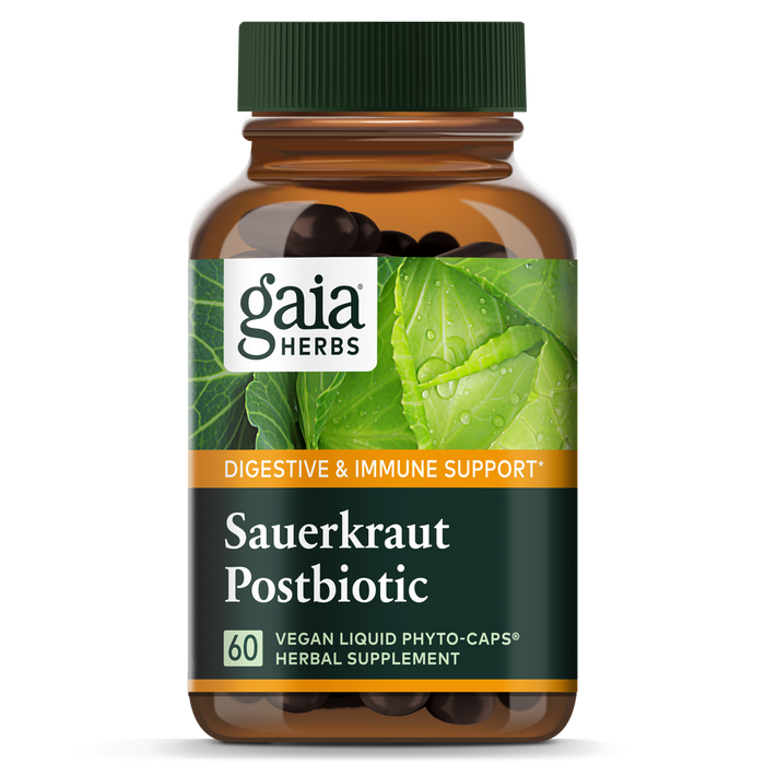 A brown bottle of Gaia Herbs Sauerkraut Postbiotic dietary supplement with a green cap, labeled for digestive and immune support. The label features images of green leaves and states it contains 60 vegan liquid phyto-caps.