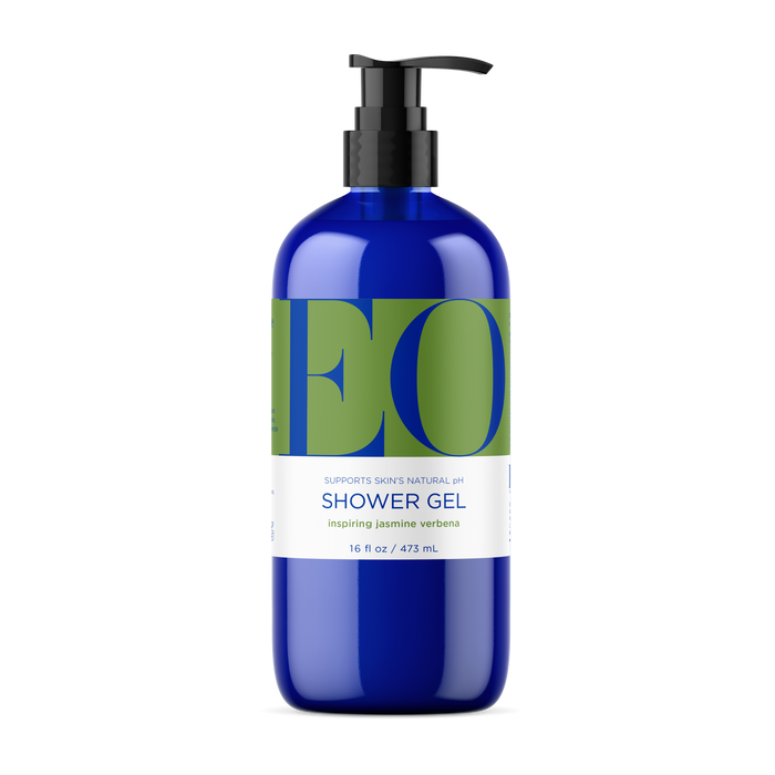 A blue pump bottle labeled EO Shower Gel, Inspiring Jasmine Verbena, 16 fl oz / 473 mL, with large green letters EO on the upper part of the label.