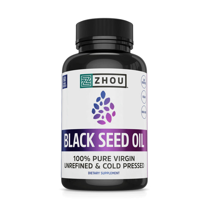 A black plastic bottle labeled Zhou Black Seed Oil, 100% Pure Virgin, Unrefined & Cold Pressed, Dietary Supplement with a purple and blue design and a leaf graphic on the front.