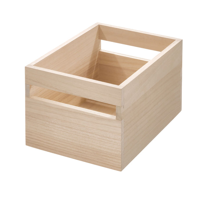 A small, rectangular wooden box with open sides and smooth, light-colored wood, shown empty on a white background.