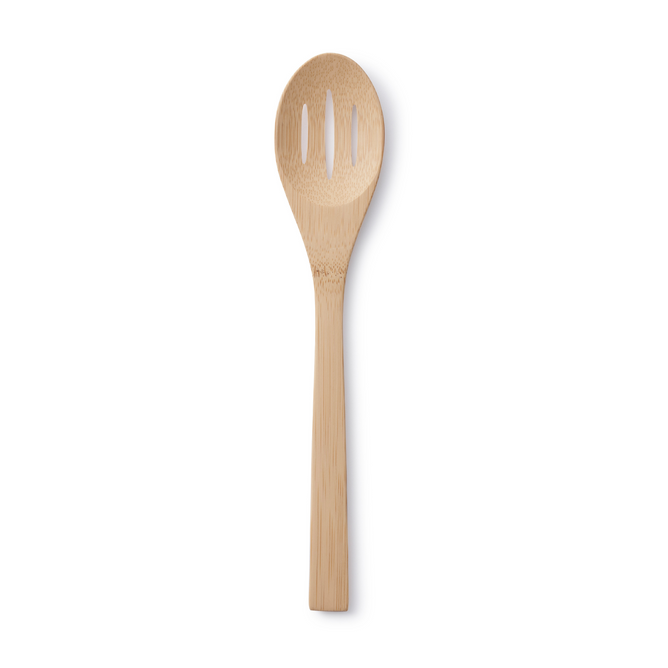 A wooden slotted spoon with three elongated holes in the bowl, placed on a white background.