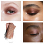 A collage showing three close-ups of diverse eyes with shimmery rose-bronze eyeshadow and a tube of cream eyeshadow labeled ms in the shade spark on a white background.