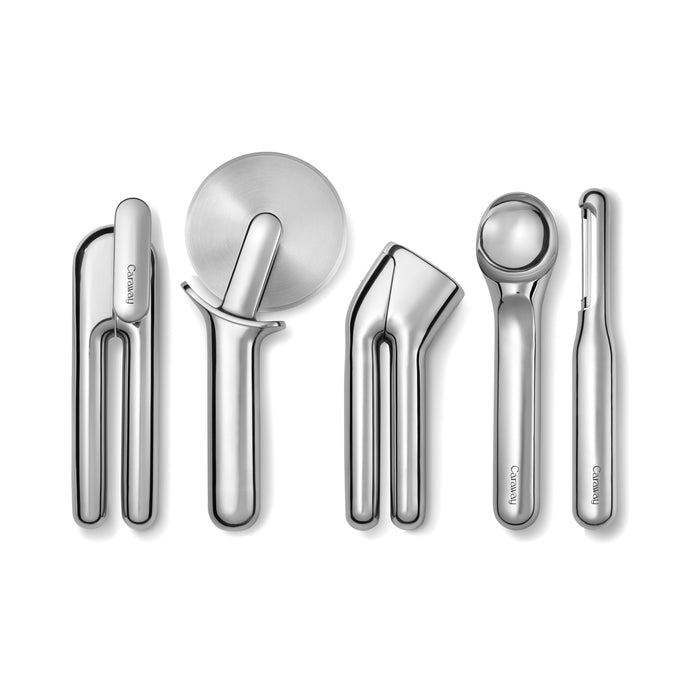 A set of five stainless steel kitchen tools arranged vertically: a garlic press, pizza cutter, can opener, ice cream scoop, and vegetable peeler, all with sleek, modern designs.