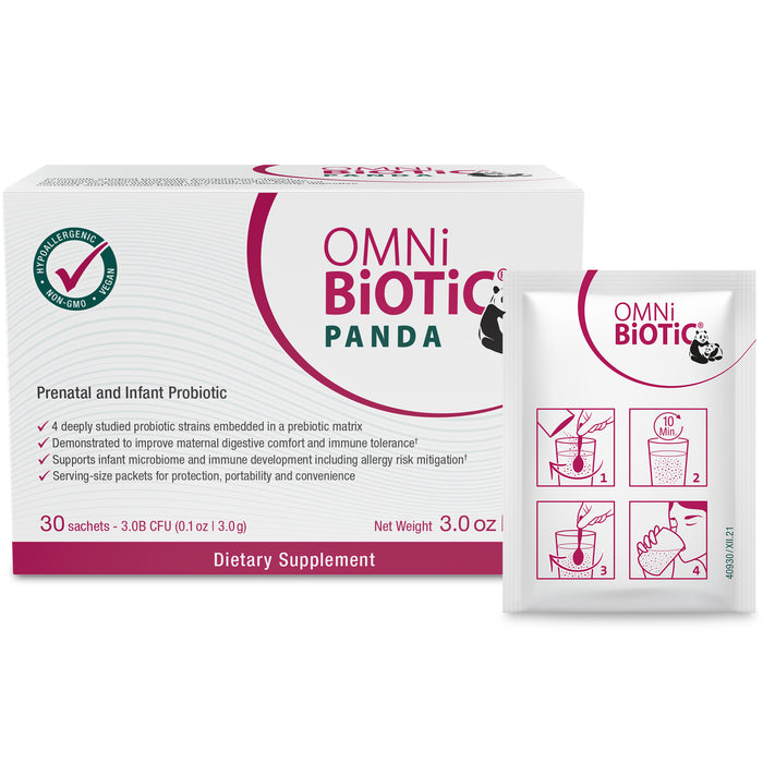 A box and sachet of OMNi-BiOTiC PANDA Prenatal and Infant Probiotic dietary supplement, featuring product details, usage instructions, and pink and white packaging with a panda logo.