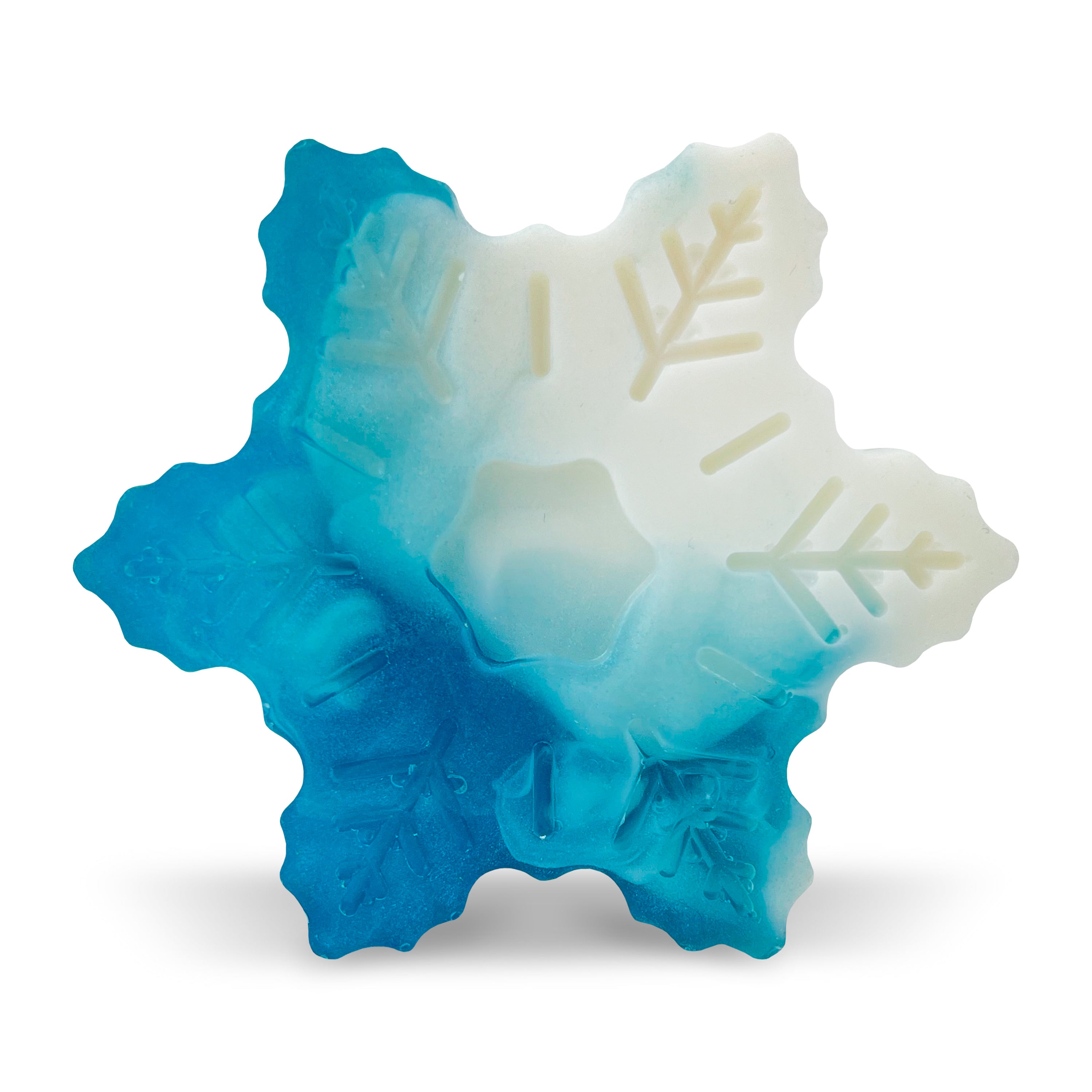 Discover Soapymanias Christmas 3D Snowflake Soap Bar, a gorgeous vegan soap with blue-to-white gradient and embossed snowflake design. Scented with cranberry fig for an ethical touch.