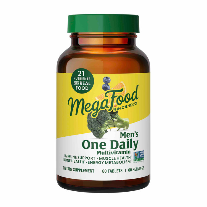A brown bottle of MegaFood Mens One Daily Multivitamin with a green cap. The label features broccoli and a lemon, and highlights immune support, muscle health, bone health, and energy metabolism. 60 tablets.