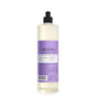 A bottle of Mrs. Meyers Dish Soap with a lavender label and black cap highlights its natural degreaser features. The label emphasizes aloe vera, essential oils, and a biodegradable formula, standing upright against a white background.