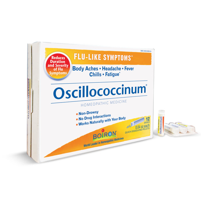 A box of Oscillococcinum homeopathic medicine for flu-like symptoms, showing benefits like reducing duration and severity, and including 12 dose tubes. Two individual dose tubes are positioned next to the box.