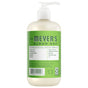 A 12-ounce bottle of Mrs. Meyer’s Hand Soap with a pump dispenser features a green label, garden-inspired scents, and key ingredients like essential oils, olive oil, and aloe vera extract.