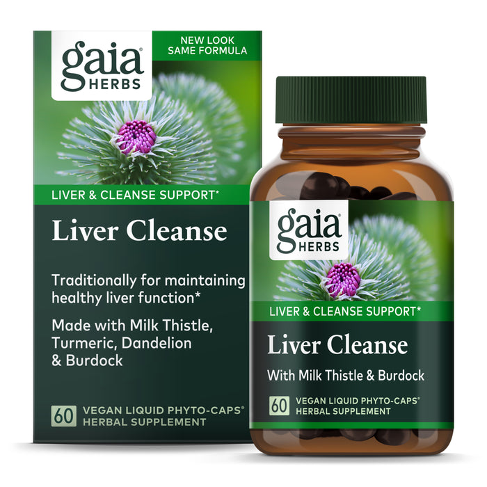 A box and bottle of Gaia Herbs Liver Cleanse supplements, labeled for liver and cleanse support, featuring images of milk thistle. The bottle contains 60 vegan liquid phyto-caps.