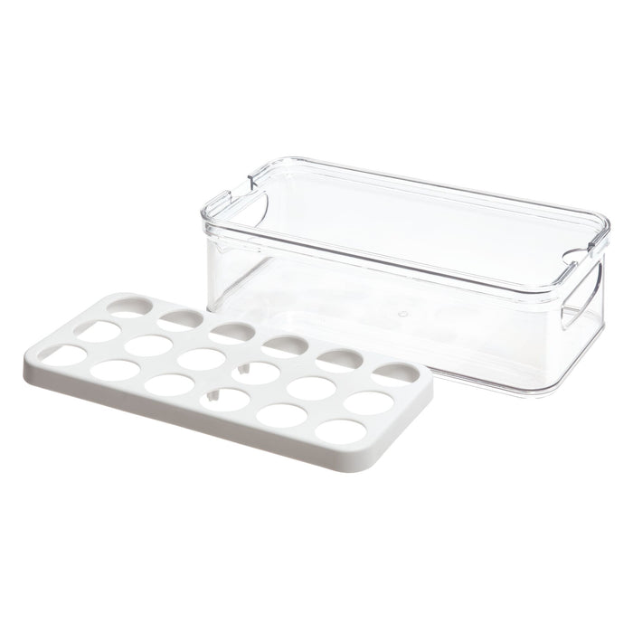 A clear rectangular plastic storage container with a separate white lid featuring multiple round holes, shown on a white background.