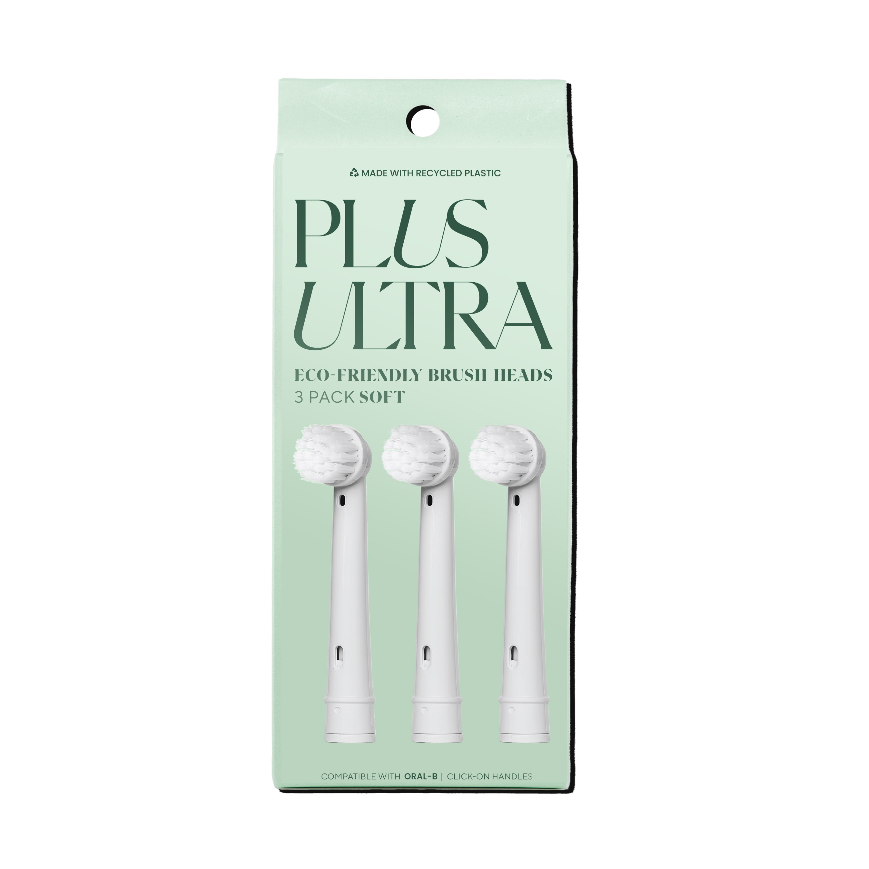The Plus Ultra eco-friendly Toothbrush Head Replacement features three white heads on a green box, labeled Made with recycled plastic and 3-pack soft. They are compatible with specific click-on handles as well as Oral-B for versatile compatibility.