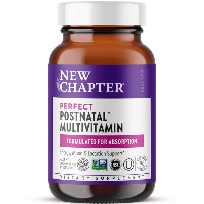 A brown bottle of New Chapter Perfect Postnatal Multivitamin with a purple and white label, highlighting benefits for energy, mood, and lactation support. The bottle shows certification and quality assurance icons.