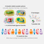 My Very First Games - Let’s Be Veterinarians includes four animal figures, four illustrated beds, five bandage tokens, a die, and twelve medicine tiles shaped like syringes, bottles, hot water bags, and thermometers for animal care role play.