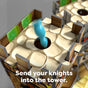 In HABAs Knuckling Knights 3D Board Game – Dragon Spectacle, players drop blue knight pieces into a stone-patterned cardboard tower. Send your knights into the tower for exciting fun—perfect for ages 4 and up!.