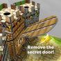 A 3D illustration of Knuckling Knights 3D Board Game - Dragon Spectacle by HABA shows wooden components and a secret door swinging open. An arrow and “Remove the secret door!” text appear; colorful banners hang from the castle, perfect for kids ages 4+.