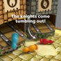 In HABA’s Knuckling Knights 3D Board Game – Dragon Spectacle (ages 4+), blue, orange, and red knight pieces tumble from castle towers to the board. Text reads “The knights come tumbling out!” with an arrow pointing from towers to knights.